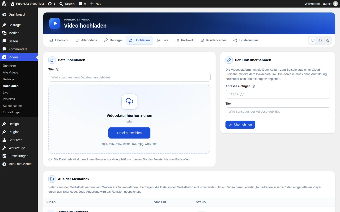 Hochladen von Videos im Plugin